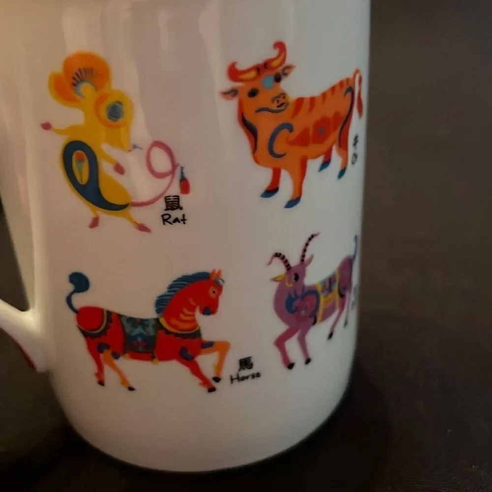 Pier 1 Chinese Zodiac Coffee Tea Mug Cup Porcelain White Red Handle